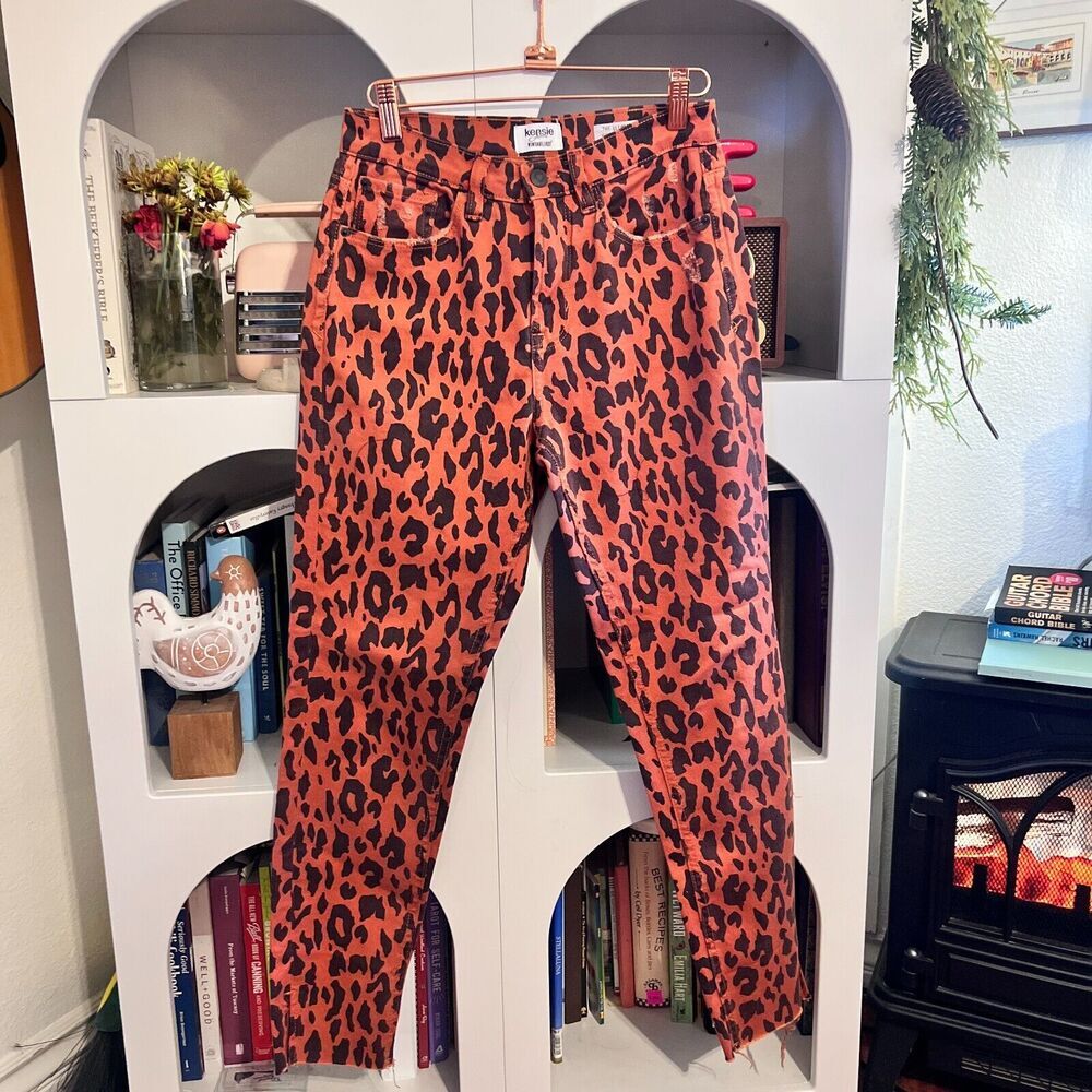 Kensie Vintage Luxe Womens Orange Cheetah Print Distressed Jeans Sz 26 High Rise